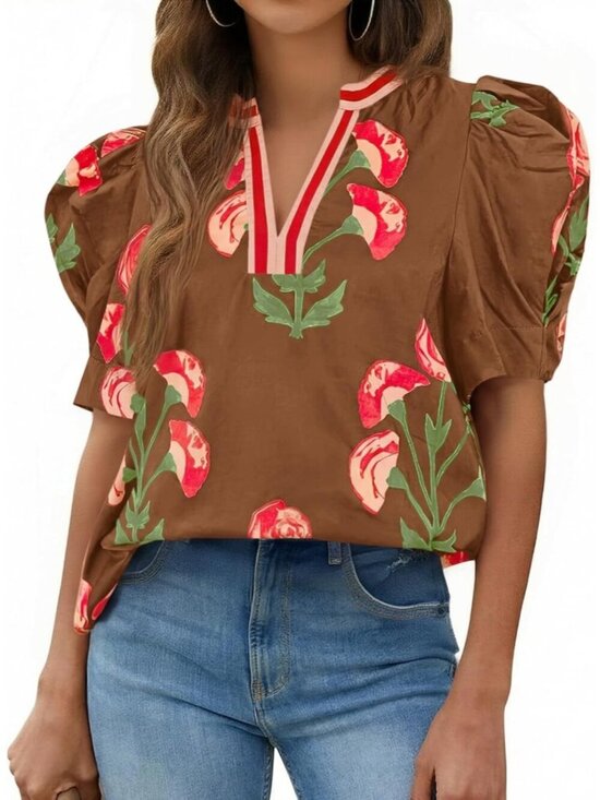 Tops - Women's Blouses Casual Brown V Neck Color Block Tops Loose Fit Boho Floral